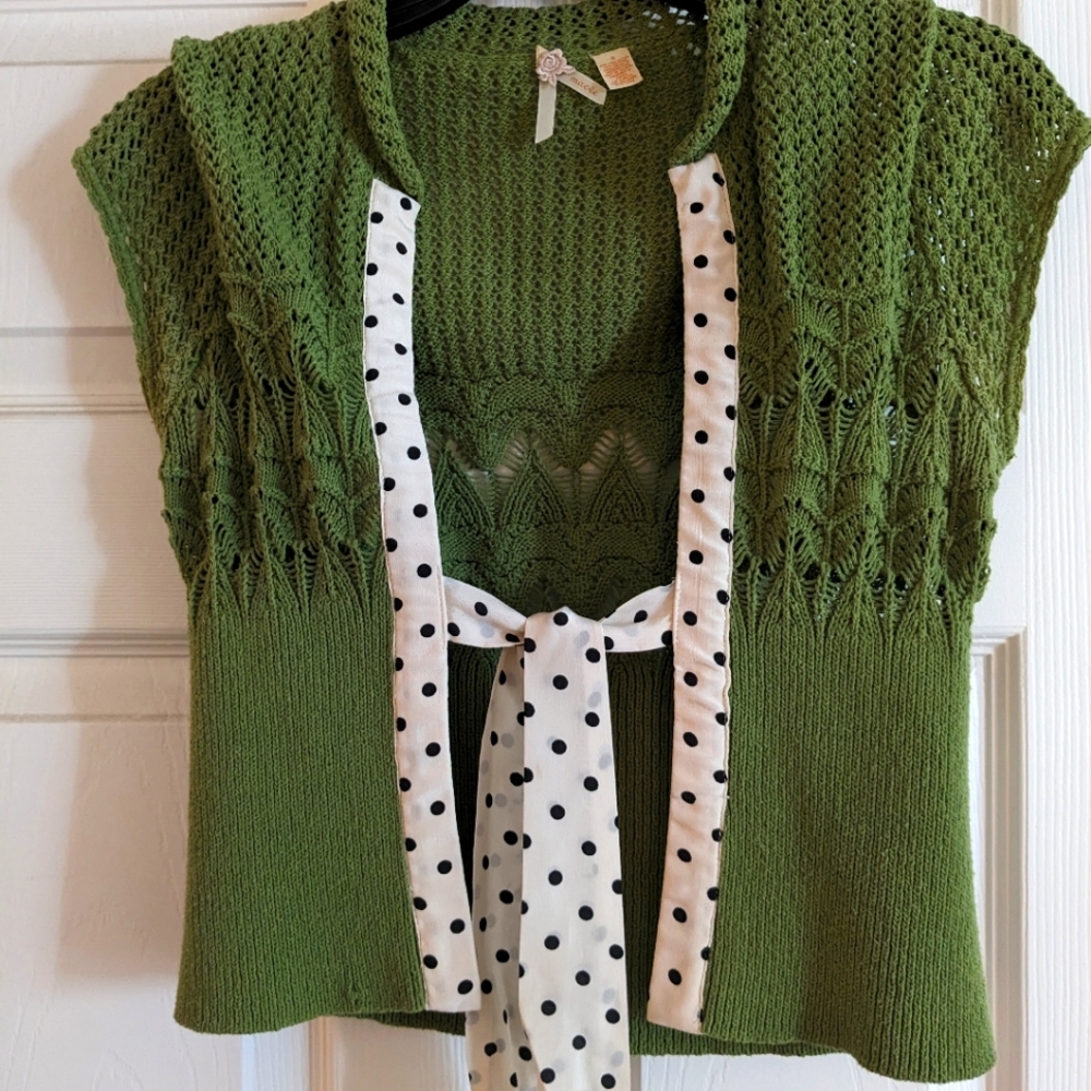 Green cardigan from anthropology w polka dot detail